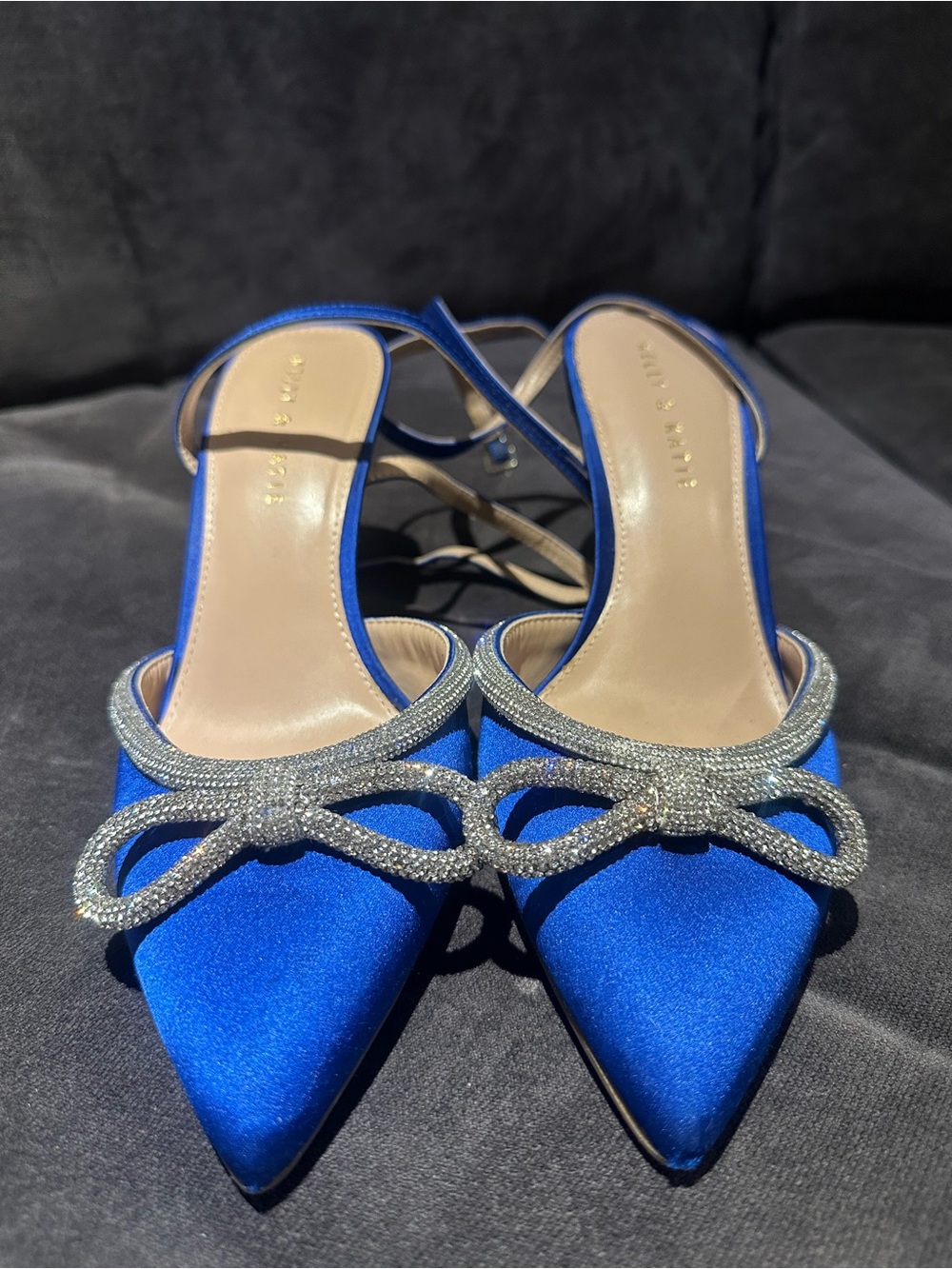 Kelly & Katie Royal Blue Satin Pointed Slingback Heels with Crystal Bow